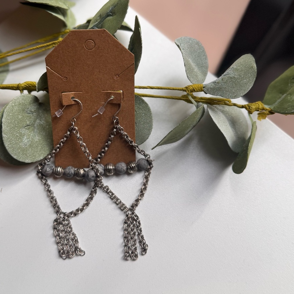 Silver Tone Beaded Chain Dangle Earrings - Women's Fashion Jewelry